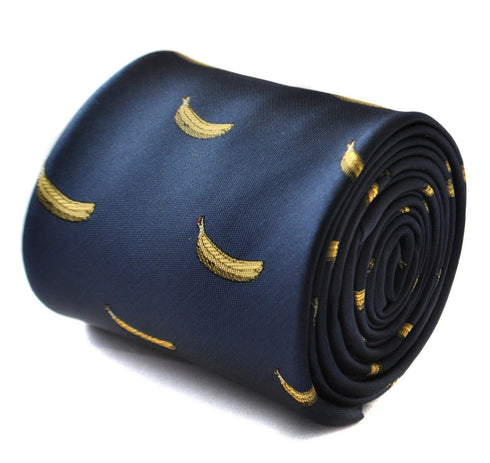 navy tie with yellow banana embroidered design